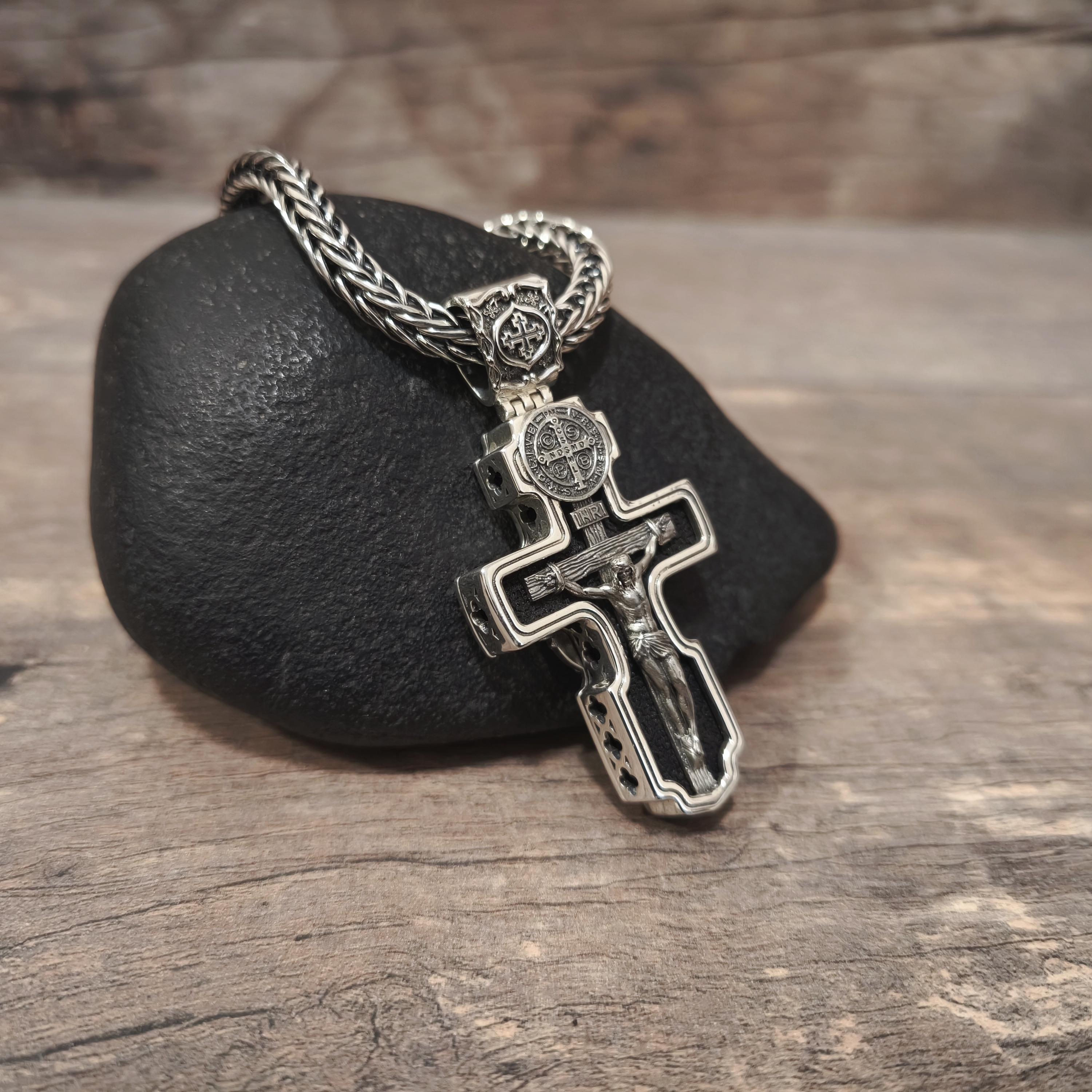 Personalized Saint Benedict Crucifix Necklace Archangel Saint Michael : Sterling Silver & Ebony Wood