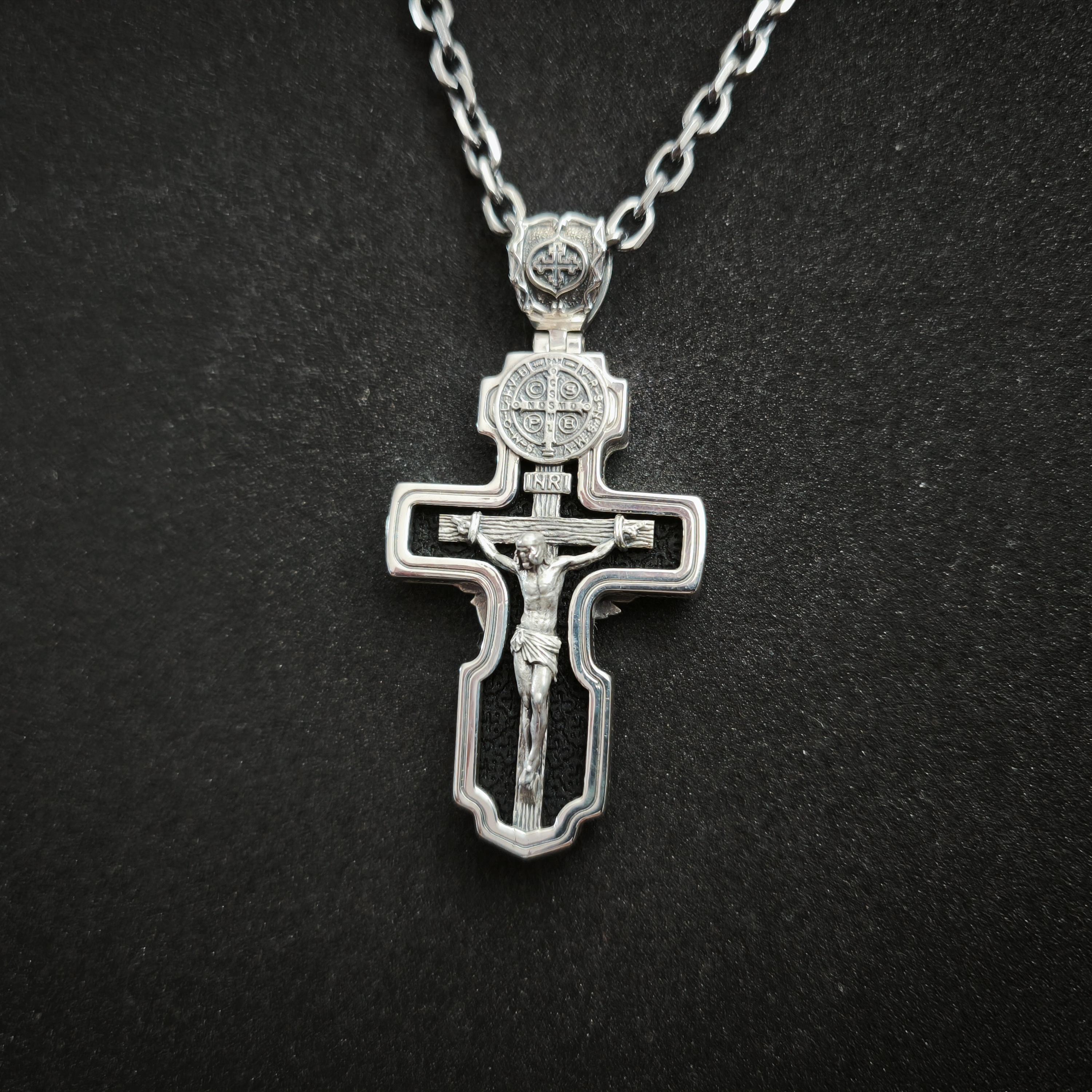 Personalized Saint Benedict Crucifix Necklace Archangel Saint Michael : Sterling Silver & Ebony Wood