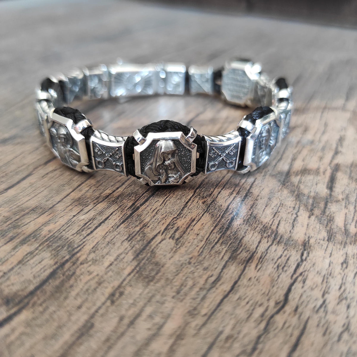 Christian Silver Saints Bracelet: Our Father Prayer, Silk Cord