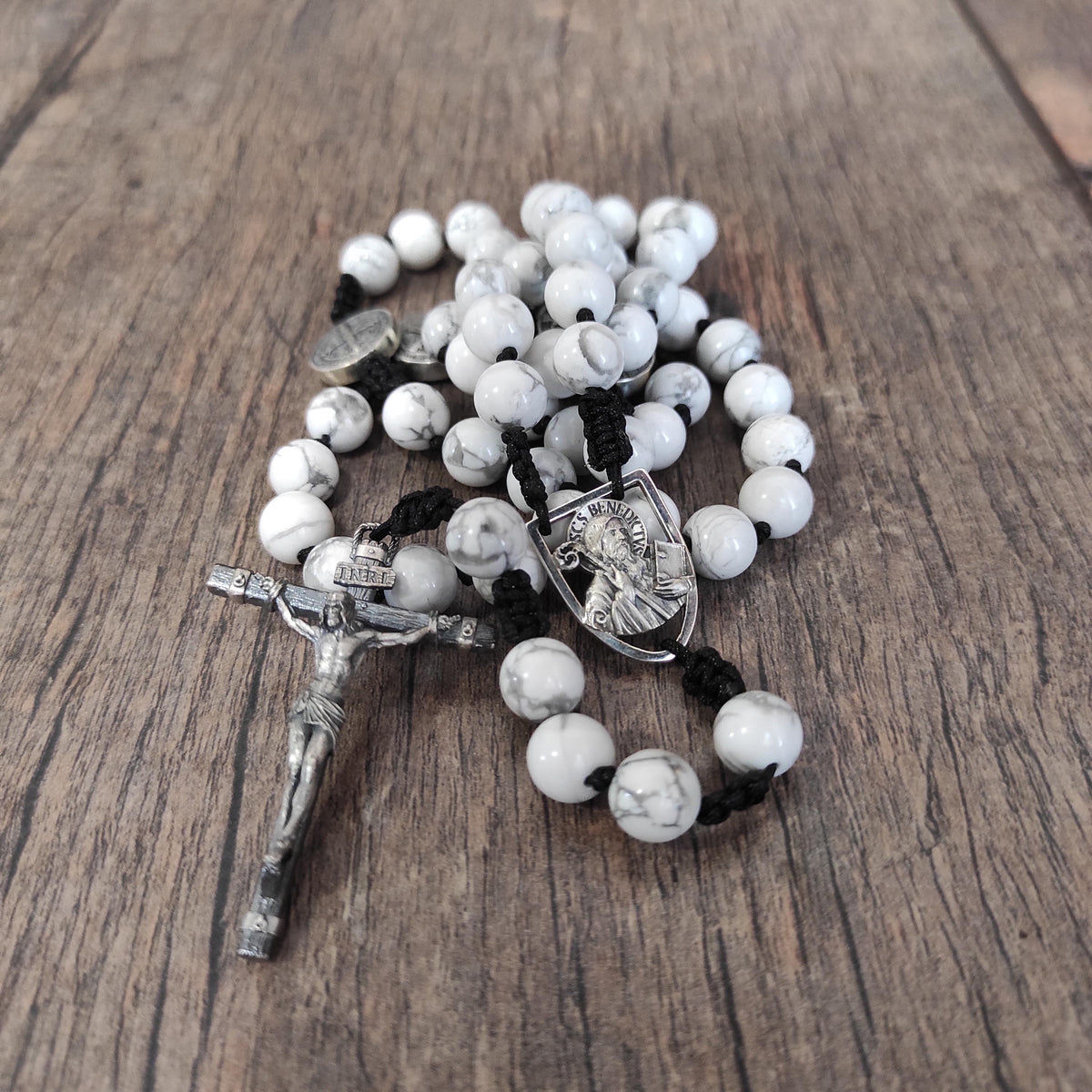 Sterling Silver Saint Benedict Rosary: White Howlite Beads, Catholic Exorcism Pendant