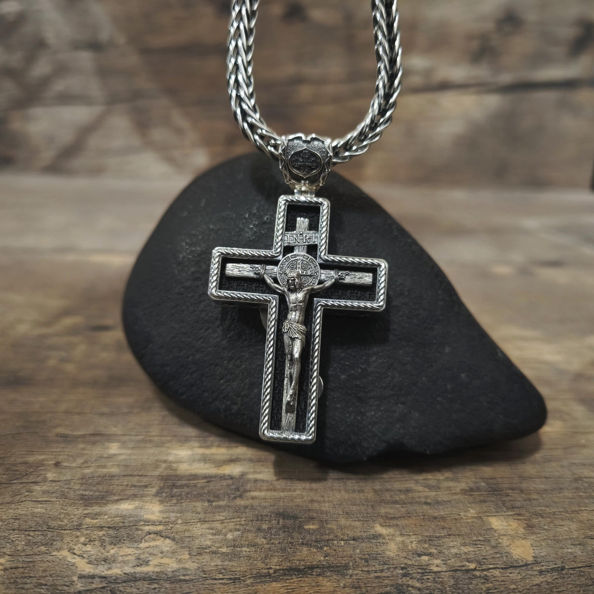 Personalized Saint Benedict Crucifix Necklace Archangel Saint Michael : Sterling Silver & Ebony Wood