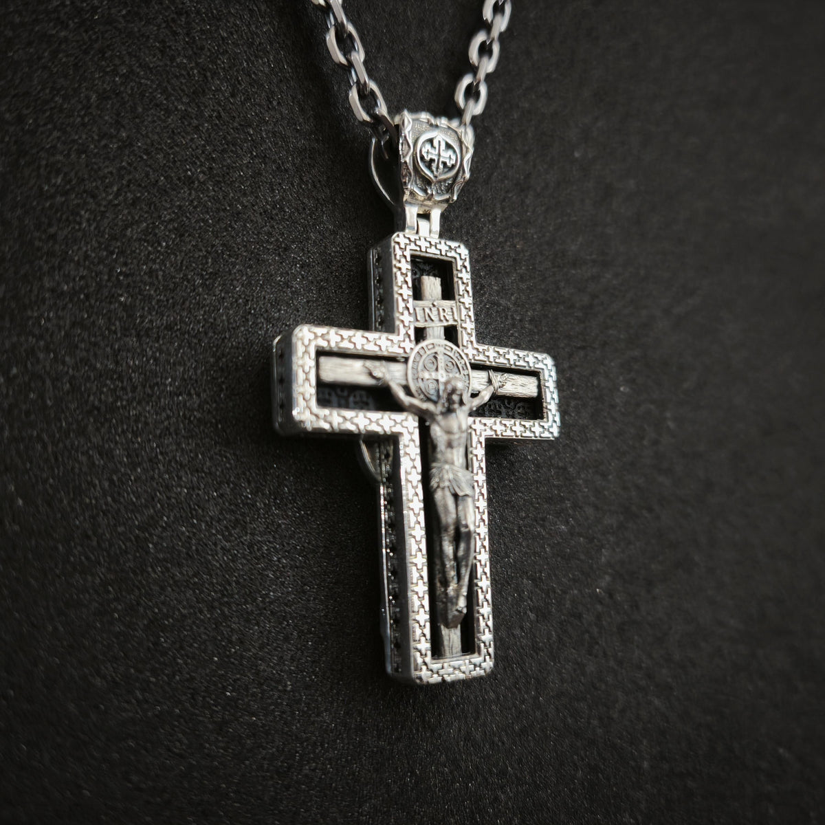 Personalized Saint Benedict Crucifix Necklace Archangel Saint Michael : Sterling Silver & Ebony Wood