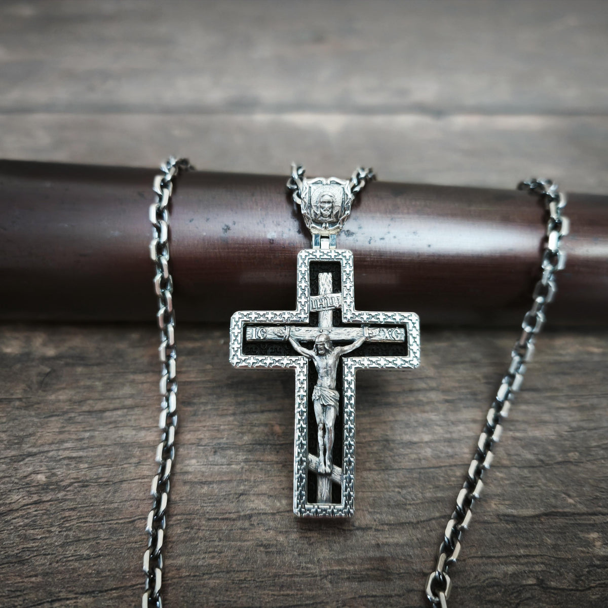 Sterling Silver Orthodox Crucifix Necklace Archangel Saint Michael & Ebony Wood - Religious Pendant
