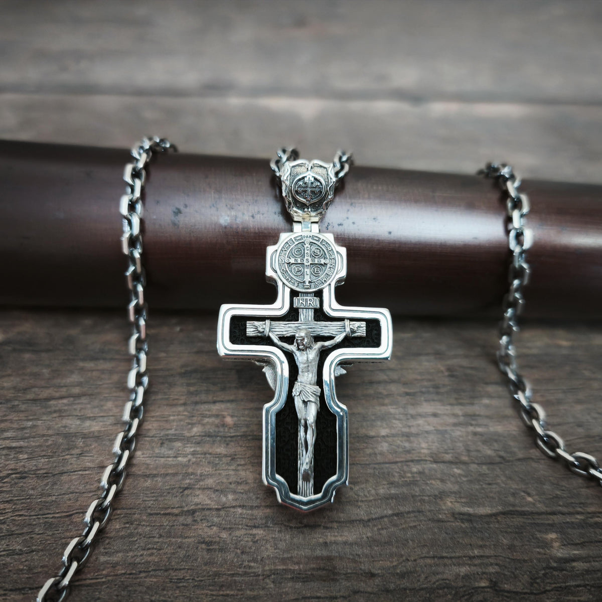 Personalized Saint Benedict Crucifix Necklace Archangel Saint Michael : Sterling Silver & Ebony Wood
