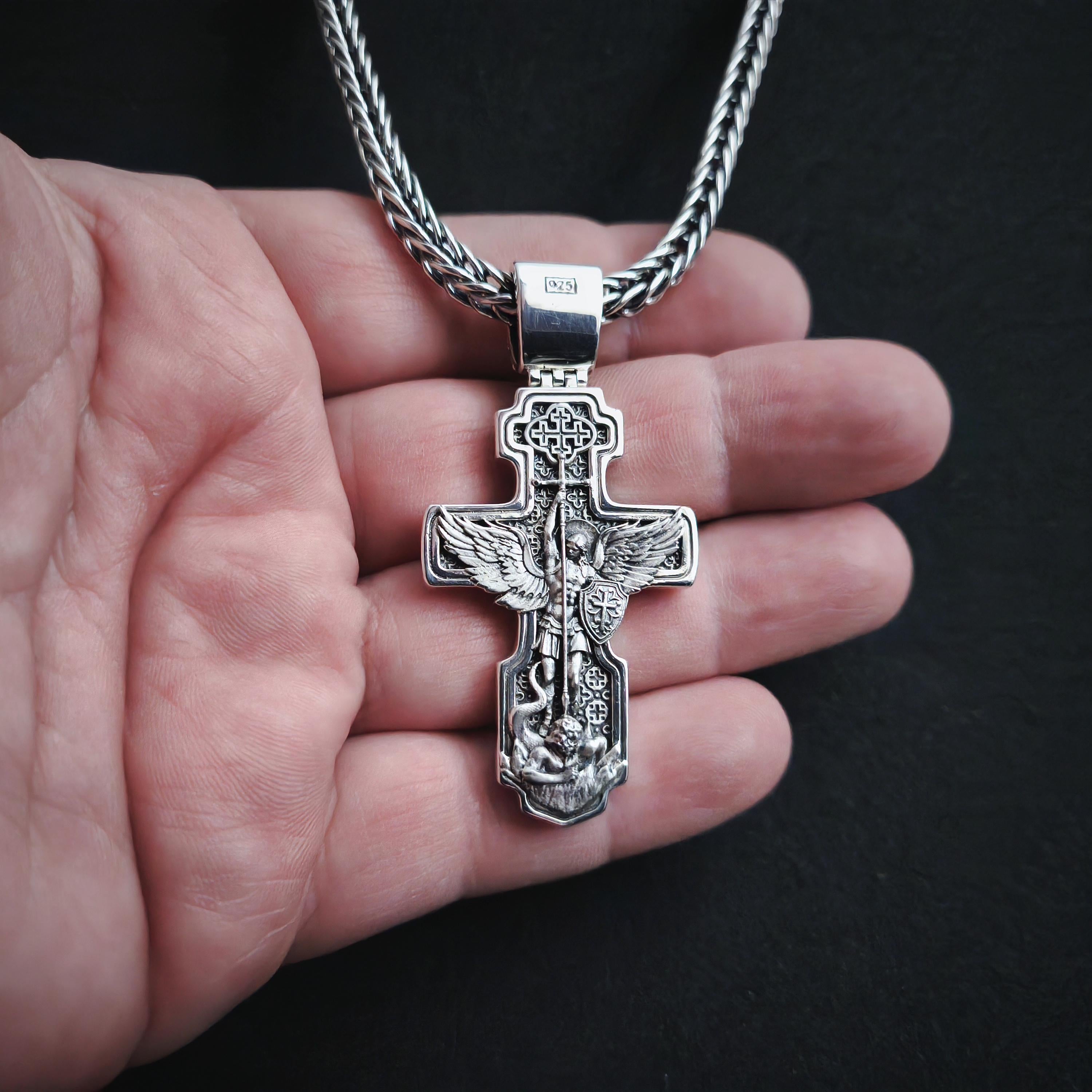 Sterling Silver Orthodox Crucifix Jesus Cross Necklace Archangel Saint Michael - Religious Pendant