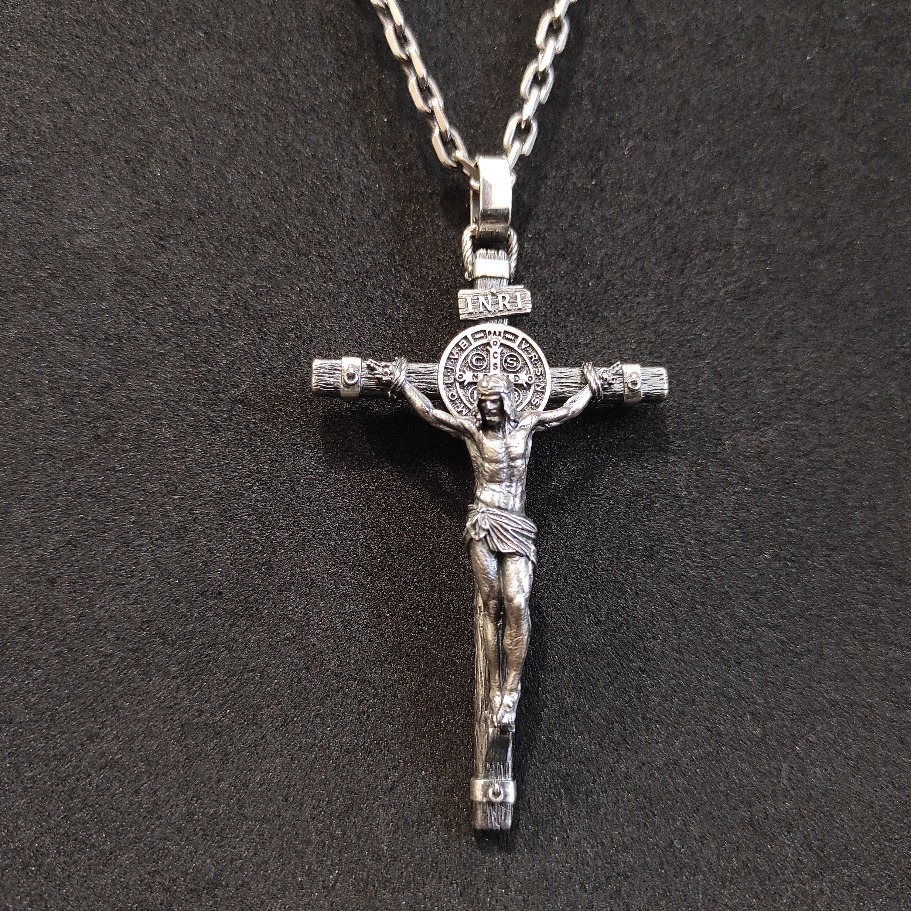 Personalized Saint Benedict Silver Crucifix Necklace: Handmade Exorcism Cross Pendant