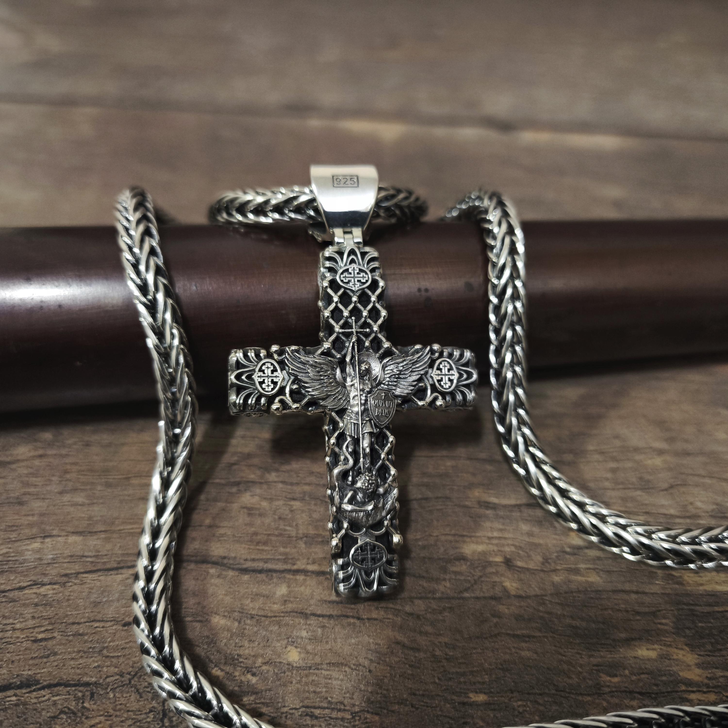 Sterling Silver Crucifix Archangel Michael Necklace & Ebony Wood - Religious Pendant