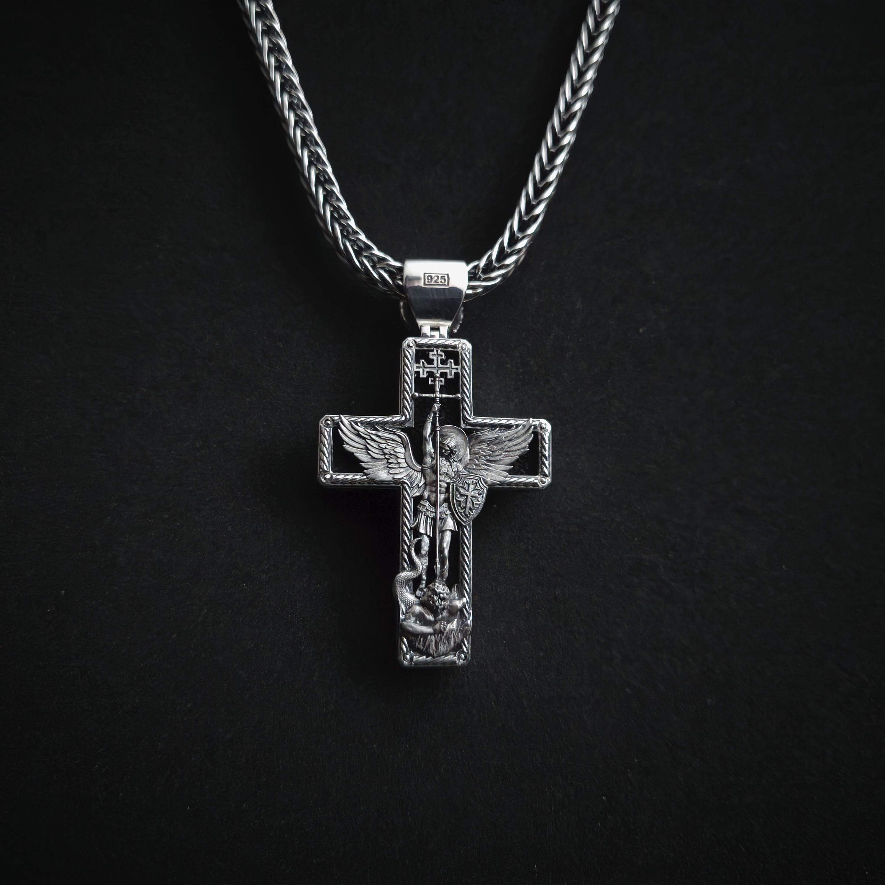 Personalized Saint Benedict Crucifix Necklace Archangel Saint Michael : Sterling Silver & Ebony Wood