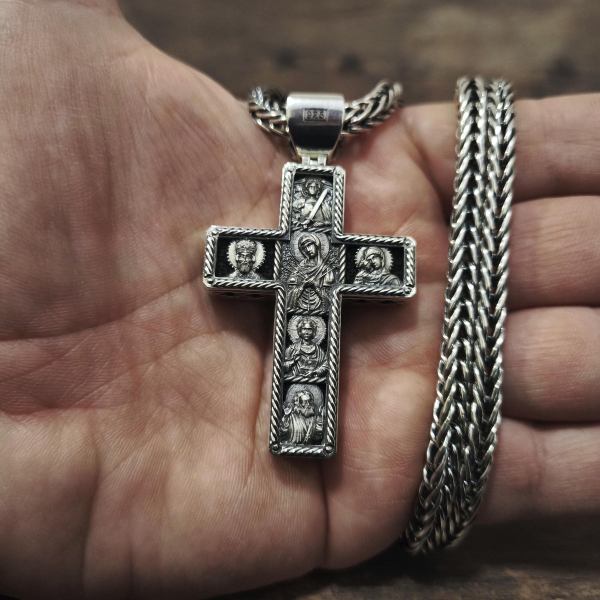 Sterling Silver Orthodox Cross Necklace - Archangel Michael, Ebony Wood