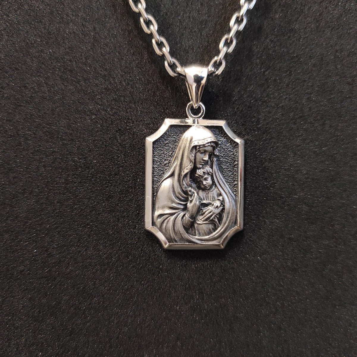 Sterling Silver Miraculous Medal Necklace: Virgin Mary & Baby Jesus